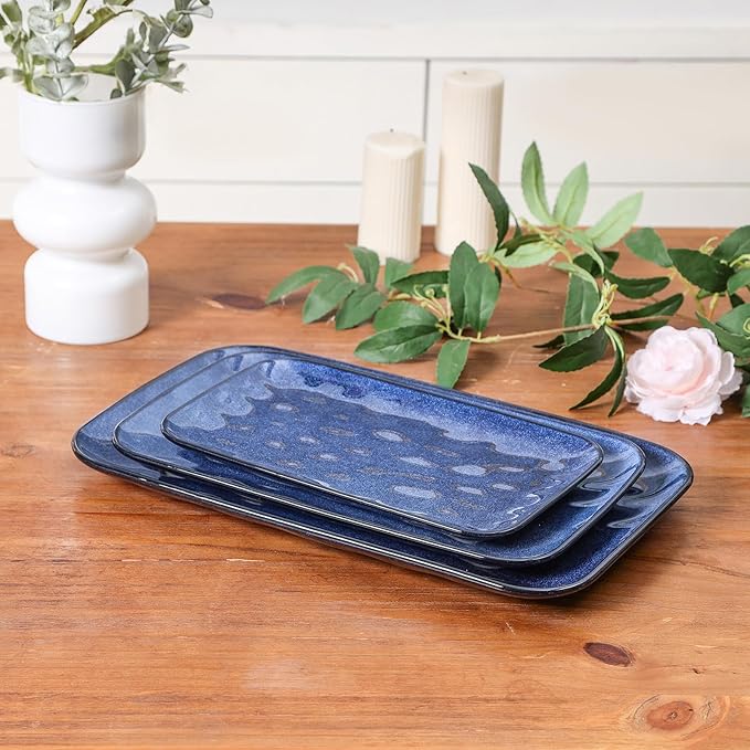 Vicrays Elegant Ceramic Serving Platters - Set of 3 Blue