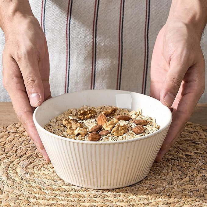 JIEMEI Striped Ceramic Bowls 24oz - Set of 4 for Soup, Salad, Dessert - Microwave & Dishwasher Safe