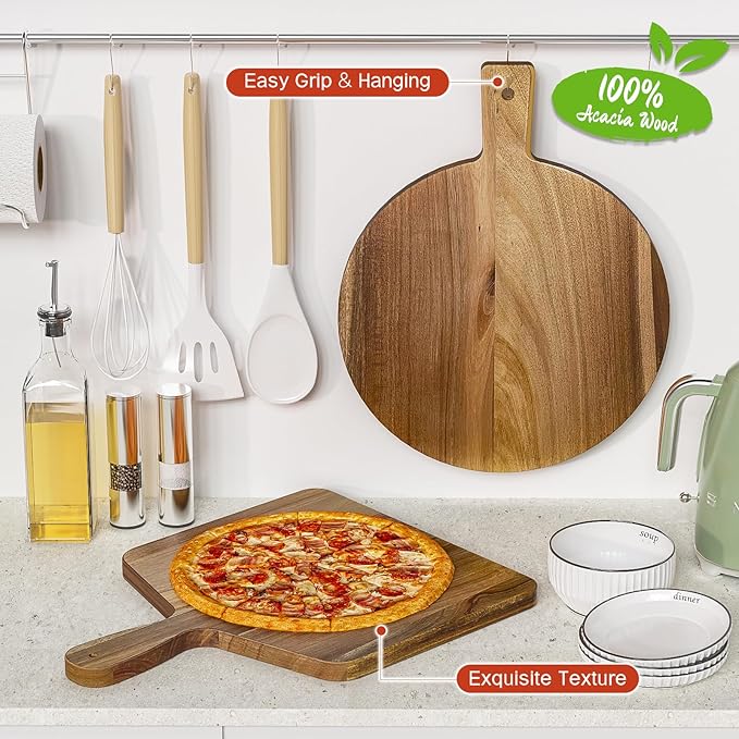 Acacia Elegance Round Cutting Board 16.5x13 - Large Wood Board with Handle
