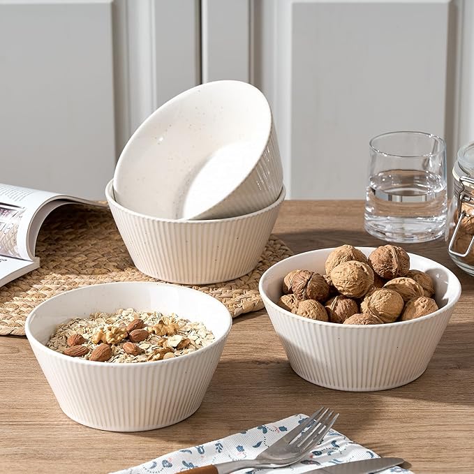 JIEMEI Striped Ceramic Bowls 24oz - Set of 4 for Soup, Salad, Dessert - Microwave & Dishwasher Safe