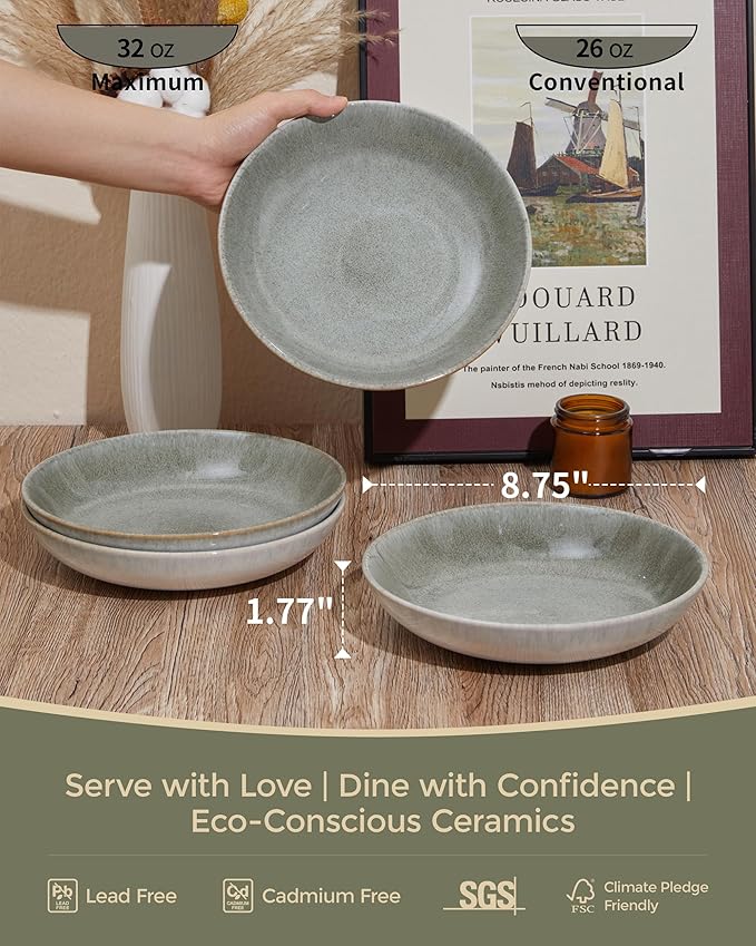 Verdant Essence 32oz Pasta Bowls - Set of 4 Microwave Safe