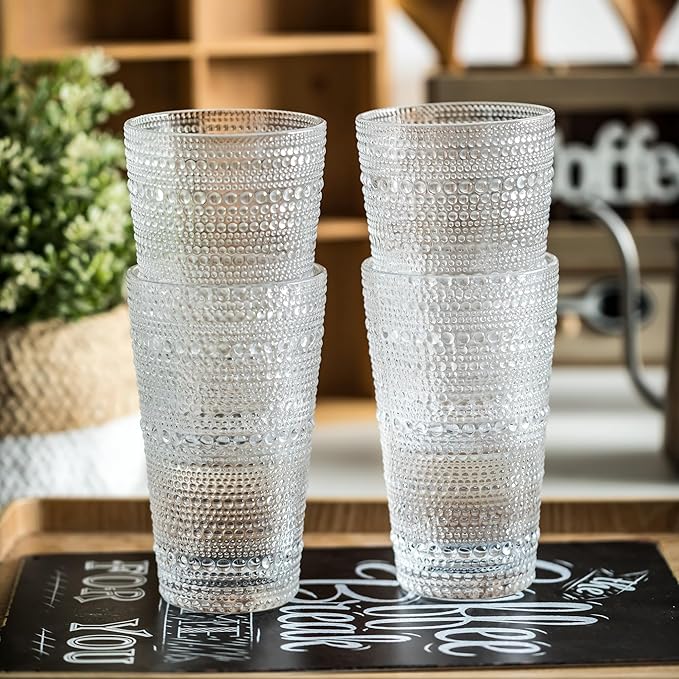 KEMORELA Classic Hobnail Tumblers - 4-Pack with Straws for Cocktails & More