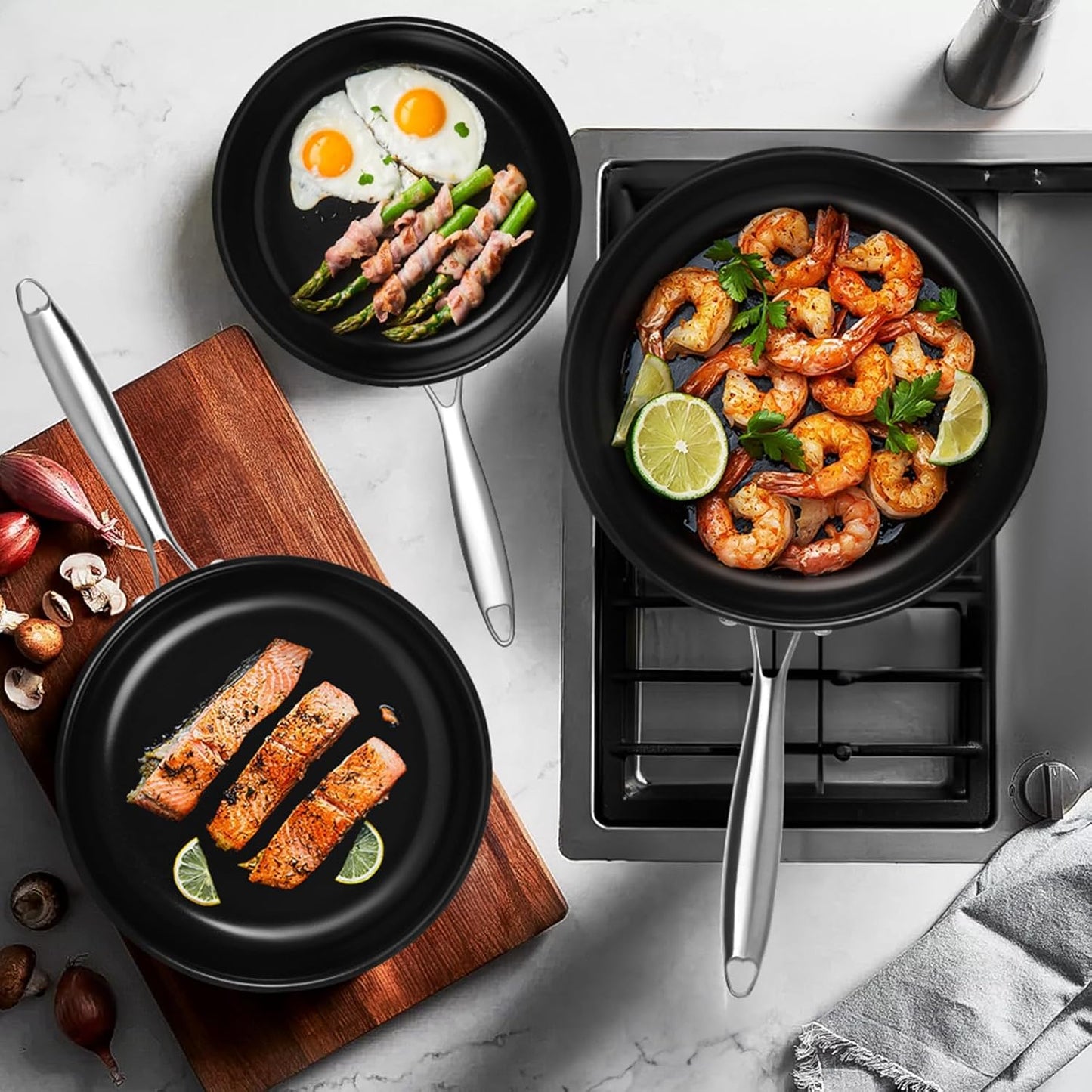 Titanium Ceramic Nonstick Skillet Set with Lids