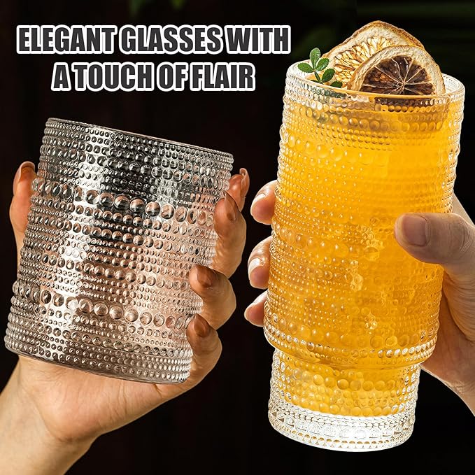 KEMORELA Classic Hobnail Drinkware Set - Crystal Clear Glass, Multipurpose Cups (4 Pack: 13 & 14 oz)