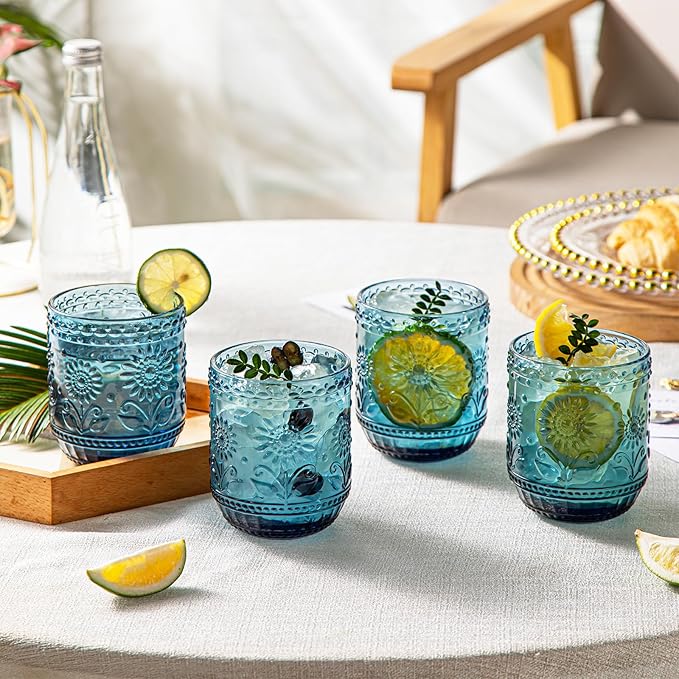 SoulTimes Vintage Floral Glass Set - 12oz Blue Glassware 4-Pack