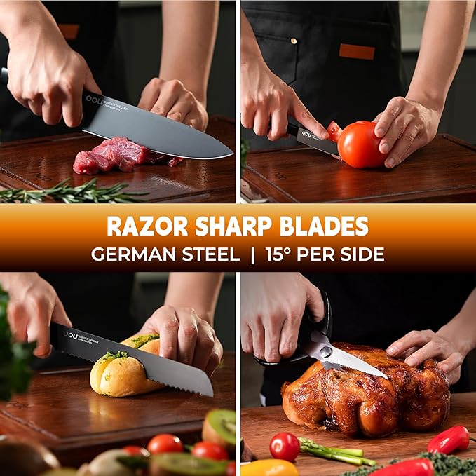 OOU 15-Pc Chef Knife Set with Walnut Block