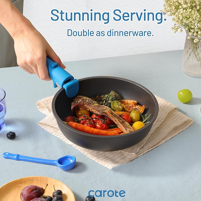 CAROTE 11-Piece Wave Blue Cookware Set with Detachable Handles