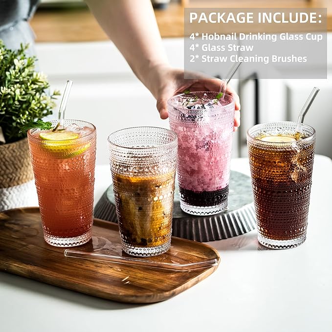 KEMORELA Classic Hobnail Tumblers - 4-Pack with Straws for Cocktails & More