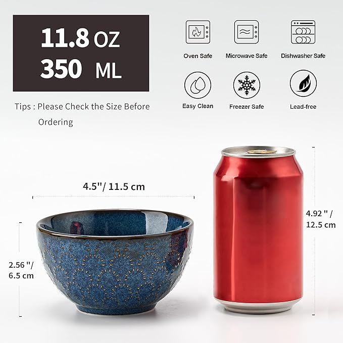 Jemirry 4-Piece Ceramic Bowl Set - 4.5" Embossed Porcelain, Blue