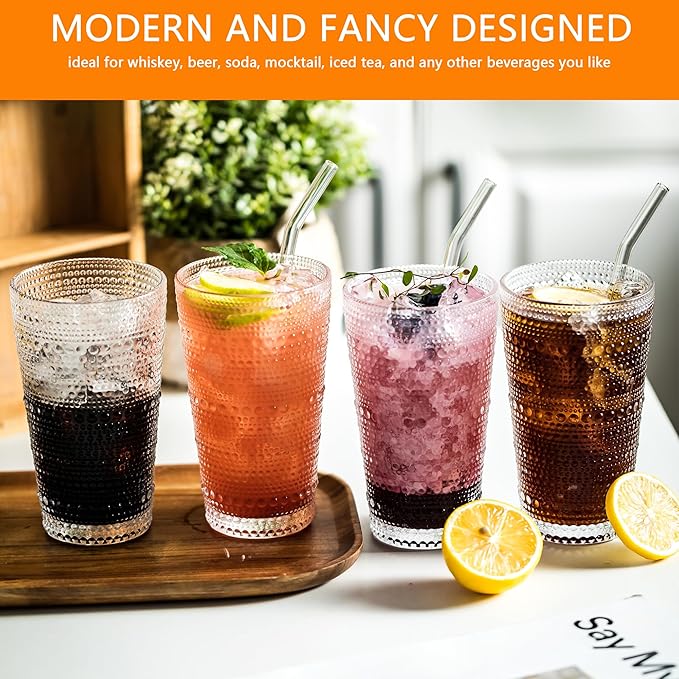 KEMORELA Classic Hobnail Tumblers - 4-Pack with Straws for Cocktails & More