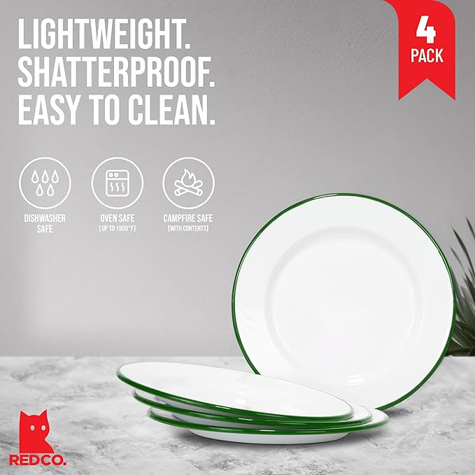 Red Co. Classic 10" Enamel Dinner Plates - White with Green Rim