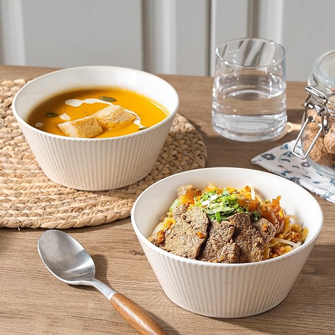 JIEMEI Striped Ceramic Bowls 24oz - Set of 4 for Soup, Salad, Dessert - Microwave & Dishwasher Safe