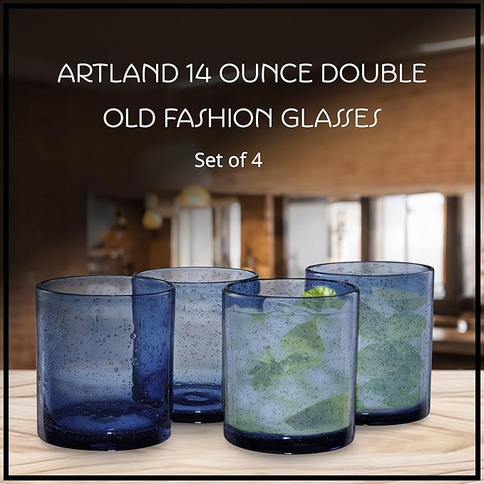 ARTLAND 14oz Slate Blue Old Fashion Glass Set | Iris Seeded Design | Versatile Barware