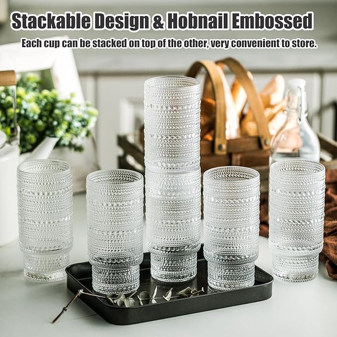 KEMORELA Classic Hobnail Drinkware Set - Crystal Clear Glass, Multipurpose Cups (4 Pack: 13 & 14 oz)