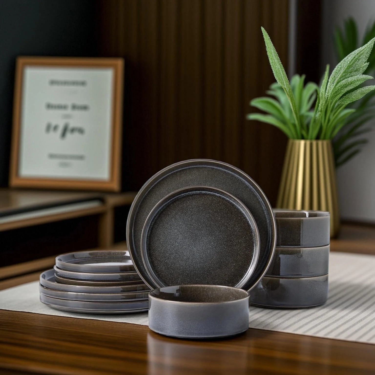 MONITO 12-Piece Ceramic Dining Set - Microwave & Dishwasher Safe, Black