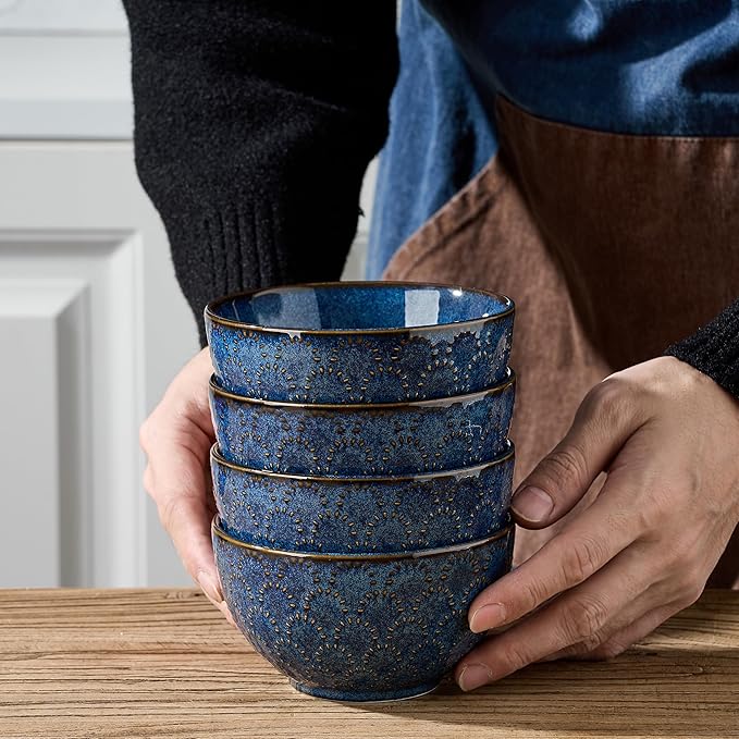 Jemirry 4-Piece Ceramic Bowl Set - 4.5" Embossed Porcelain, Blue