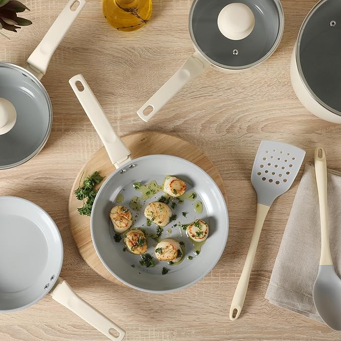 Gibson Home Barnsdall 10-Piece Deluxe Ceramic Cookware Set - Linen White/Grey