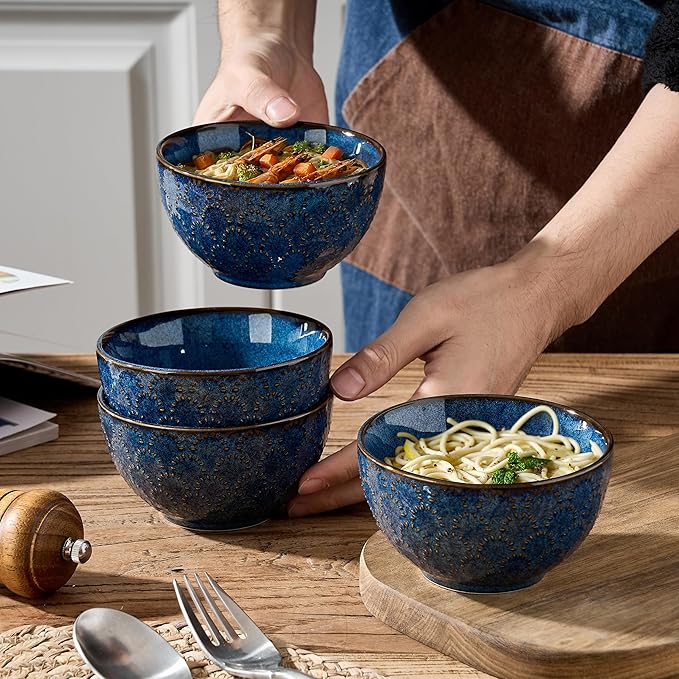 Jemirry 4-Piece Ceramic Bowl Set - 4.5" Embossed Porcelain, Blue