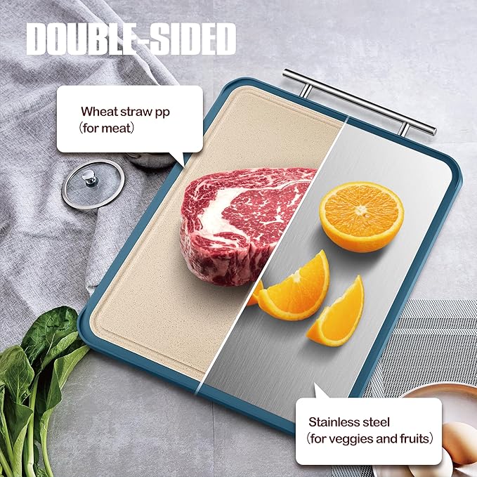 Dual-Surface Chef's Board - Stainless & Wheat Straw, 16.1x12.2"
