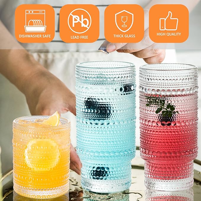 KEMORELA Classic Hobnail Drinkware Set - Crystal Clear Glass, Multipurpose Cups (4 Pack: 13 & 14 oz)