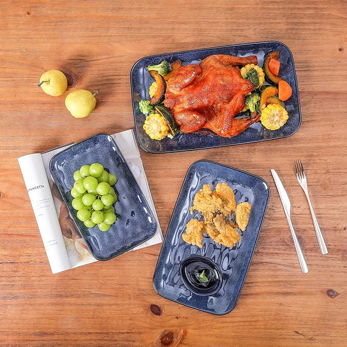 Vicrays Elegant Ceramic Serving Platters - Set of 3 Blue