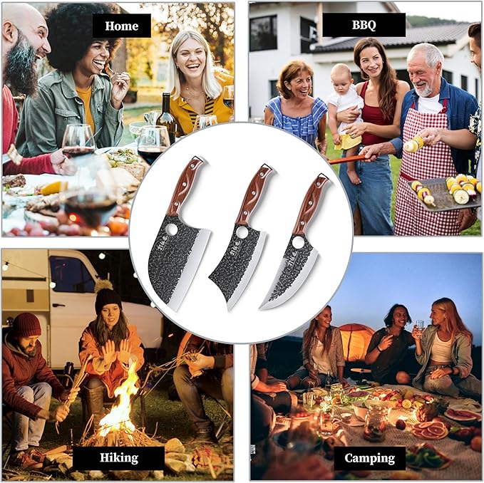 3PC Forged Butcher & Chef Knife Set with Wooden Handles