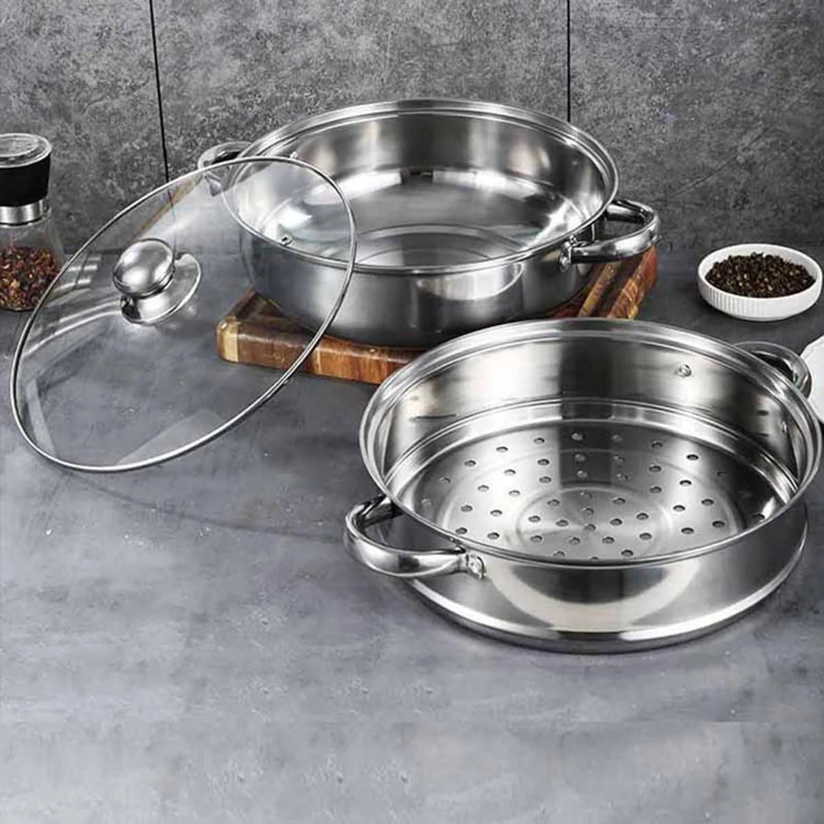 Dual-Tier 18/8 Steel Steamer Cookpot