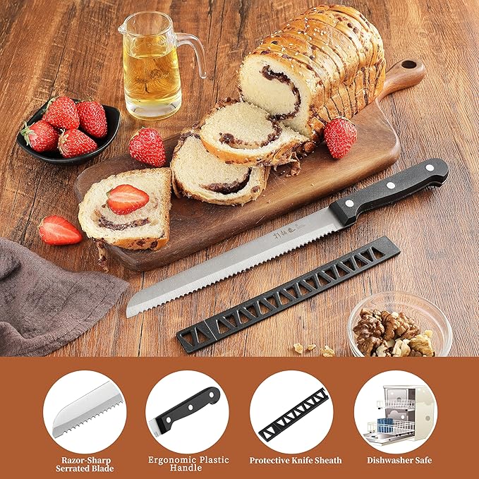 HAMMER IRON ALLEY Bread Knife HIA Stainless Steel 8 inch Serrated Bread Knife Perfect for Homemade Bread Bagels and Cake Knife Cover Included Dishwasher Safe (8 inch Blade with 5 inch Handle)