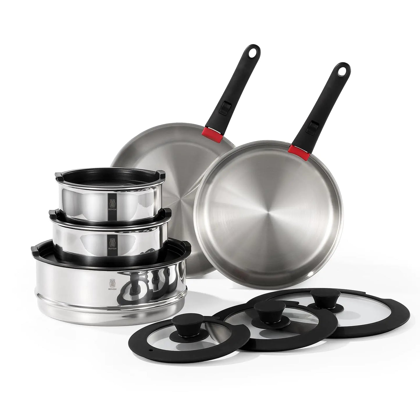 ROYDX 16pc Stackable Cookware Set: Stainless Steel, Detachable, Induction Ready