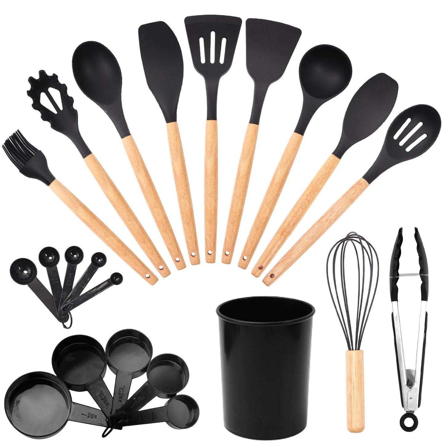 Silicone Cooking Utensils Set 22 PCS Kitchen Utensils Set 446℉ Heat Resistant Non-Stick Silicone Cooking Kitchen Utensils with Wooden Handle Kitchen Gadgets Tools Set for Nonstick Cookware