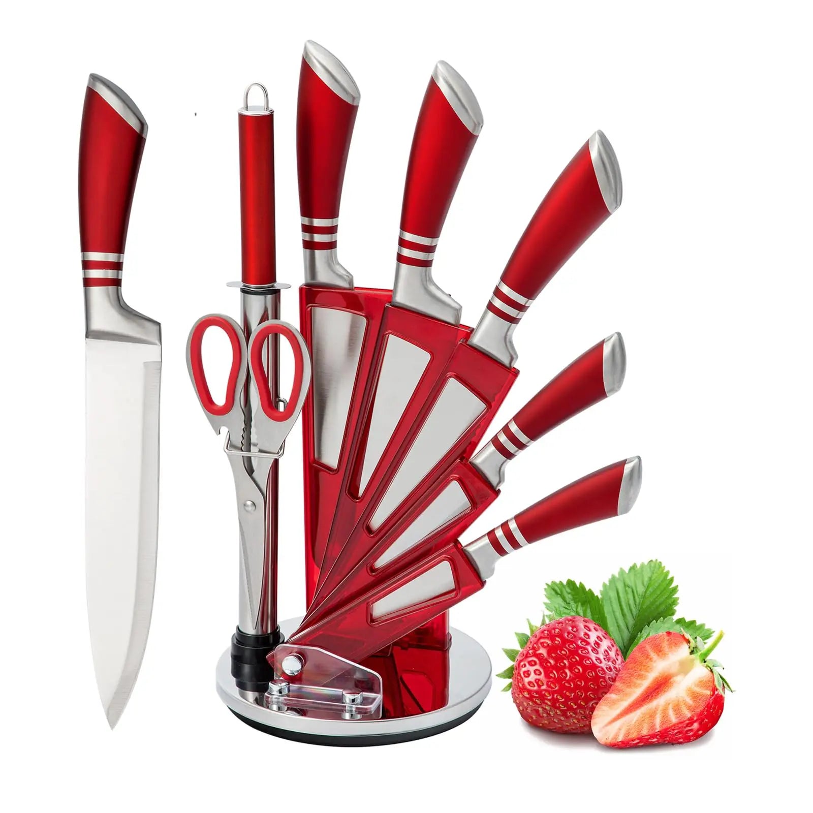 Red 9-Piece Chef's Knife Set with Acrylic Stand