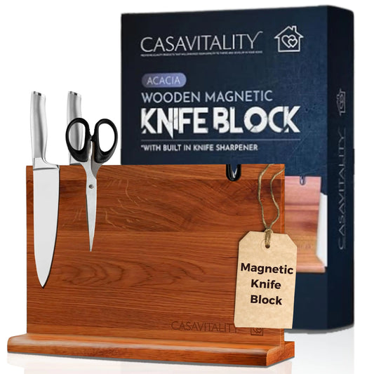 Acacia Wood Dual-Side Magnetic Knife Stand with Sharpener