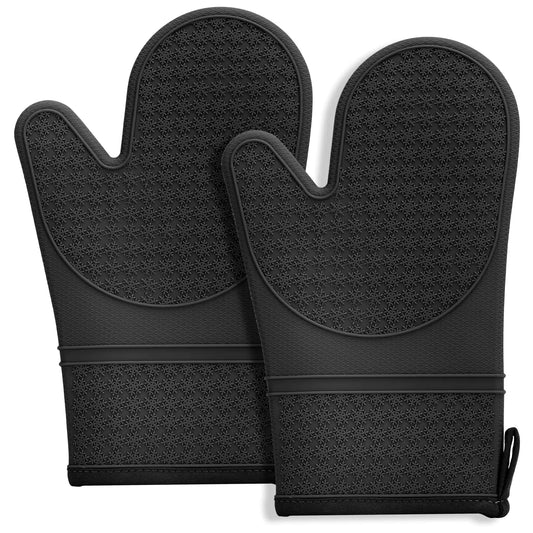 Silicone Grip Oven Mitts 600°F - Pair of Black Waterproof Gloves
