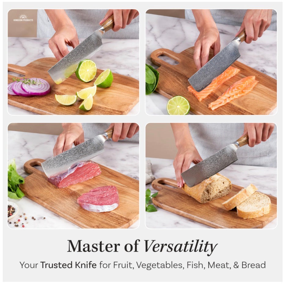 Japanese Nakiri Knife - 7" Razor Sharp Kitchen Knife for Dicing Slicing & Chopping Vegetables Fruit & Meat - Professional Chef Style Knife in Damascus Carbon Steel and Ergonomic Handle