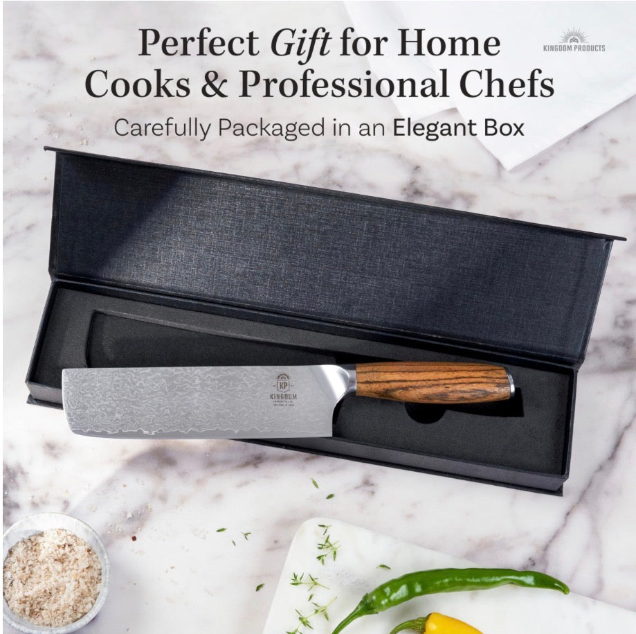 Japanese Nakiri Knife - 7" Razor Sharp Kitchen Knife for Dicing Slicing & Chopping Vegetables Fruit & Meat - Professional Chef Style Knife in Damascus Carbon Steel and Ergonomic Handle