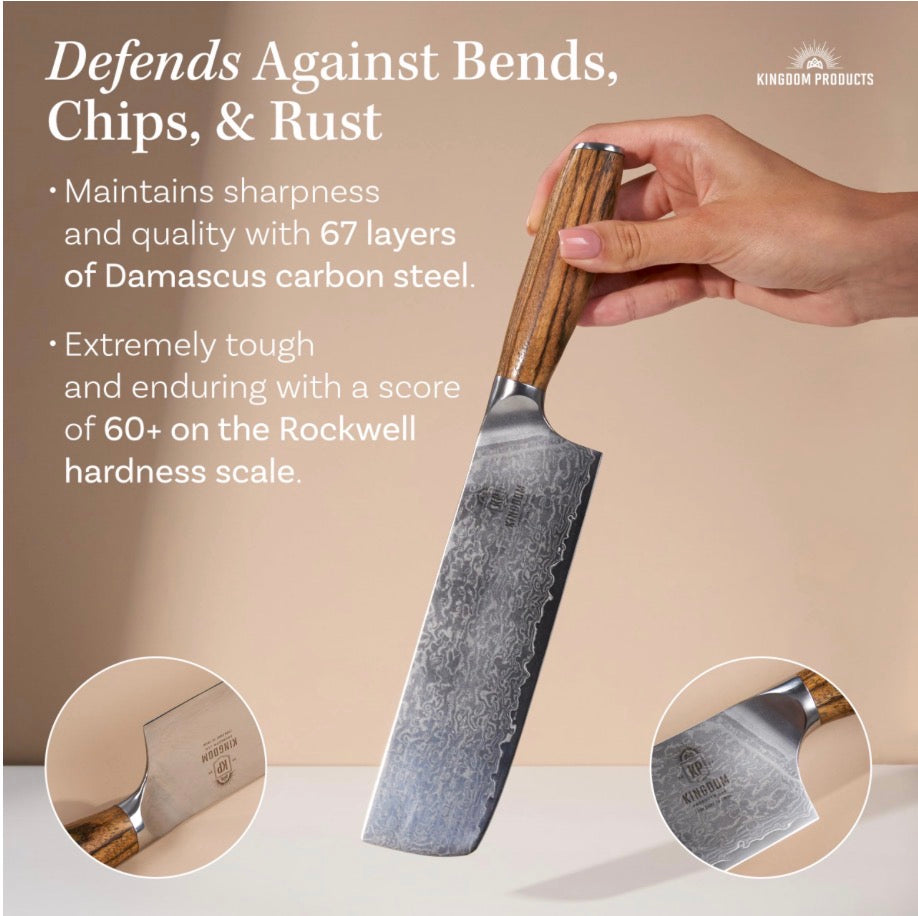 Japanese Nakiri Knife - 7" Razor Sharp Kitchen Knife for Dicing Slicing & Chopping Vegetables Fruit & Meat - Professional Chef Style Knife in Damascus Carbon Steel and Ergonomic Handle