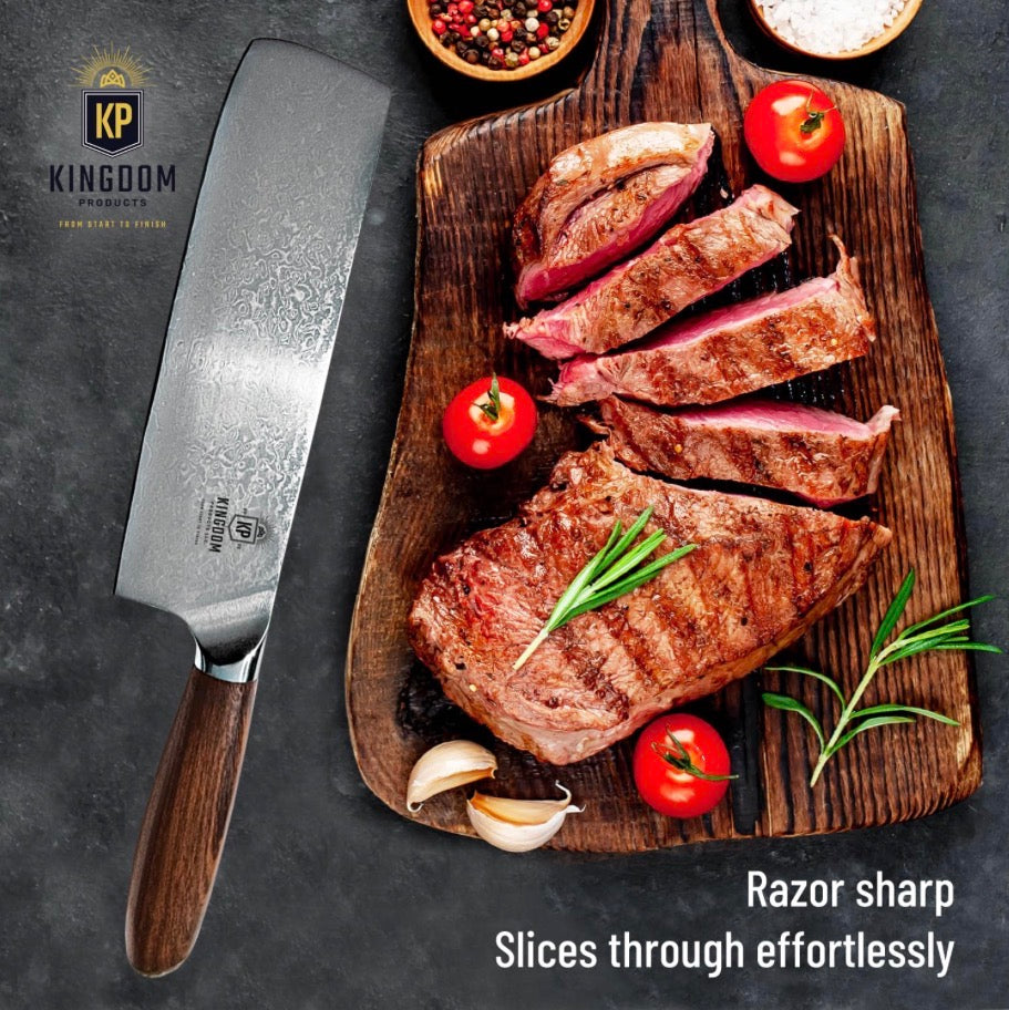 Japanese Nakiri Knife - 7" Razor Sharp Kitchen Knife for Dicing Slicing & Chopping Vegetables Fruit & Meat - Professional Chef Style Knife in Damascus Carbon Steel and Ergonomic Handle