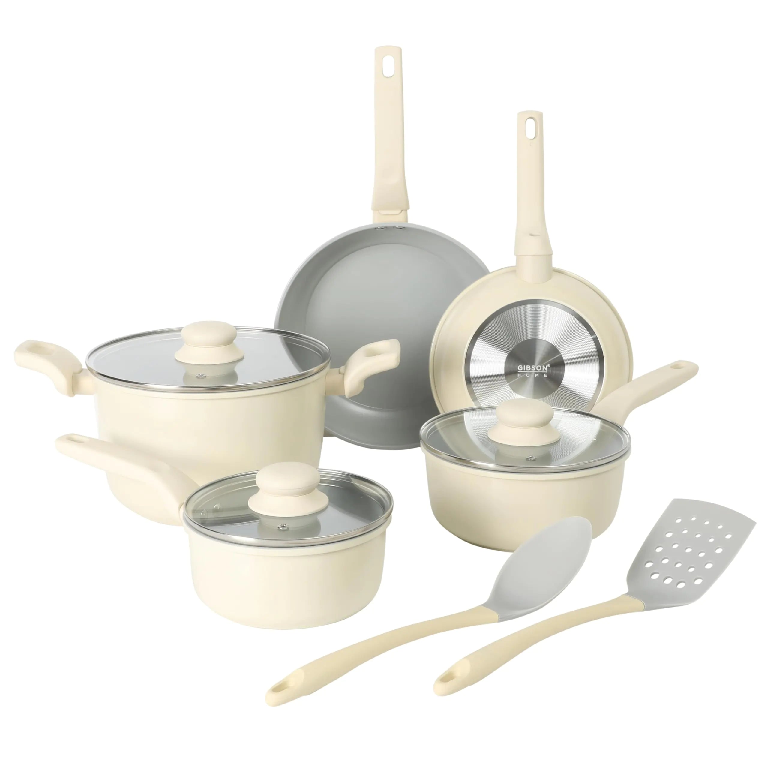 Gibson Home Barnsdall 10-Piece Deluxe Ceramic Cookware Set - Linen White/Grey