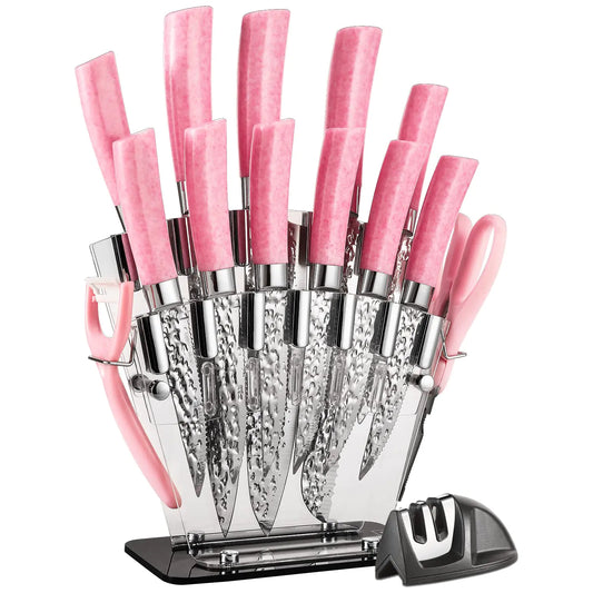 15-Piece Pink Stainless Steel Knife Set with Acrylic Stand