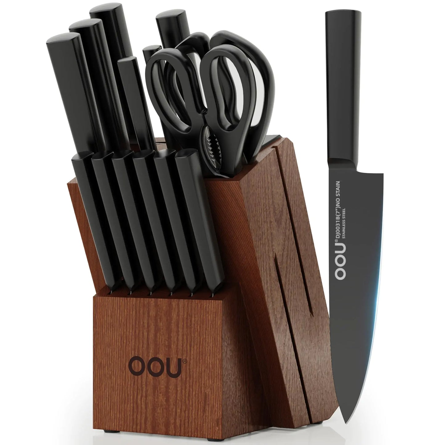 OOU 15-Pc Chef Knife Set with Walnut Block