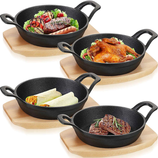 Miniature Cast Iron Skillet Set with Wood Trays