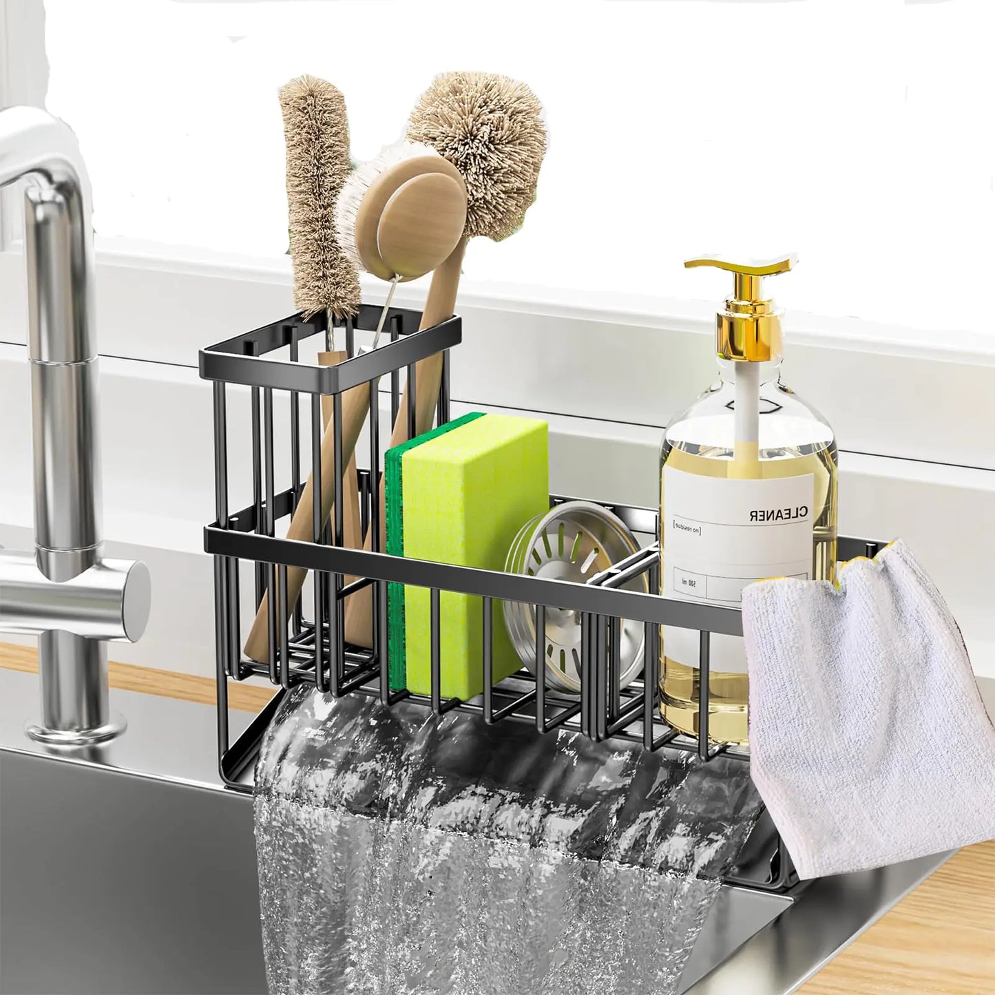 Slope-Drain Sponge Caddy with Brush Holder