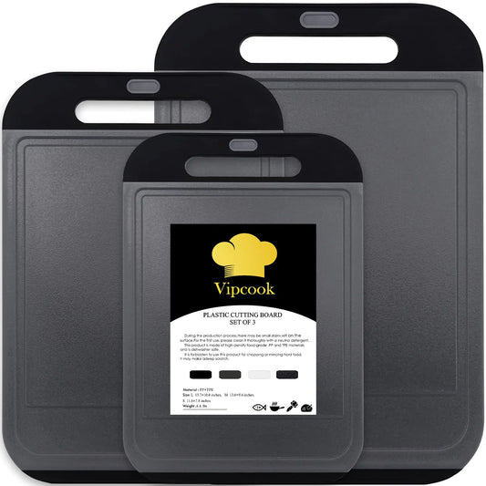 VipPrep Pro Kitchen Cutting Boards 3-Pack - Large Durable Polypropylene Set with Grip Handles and Juice Grooves - Dishwasher Safe (Black/Gray)