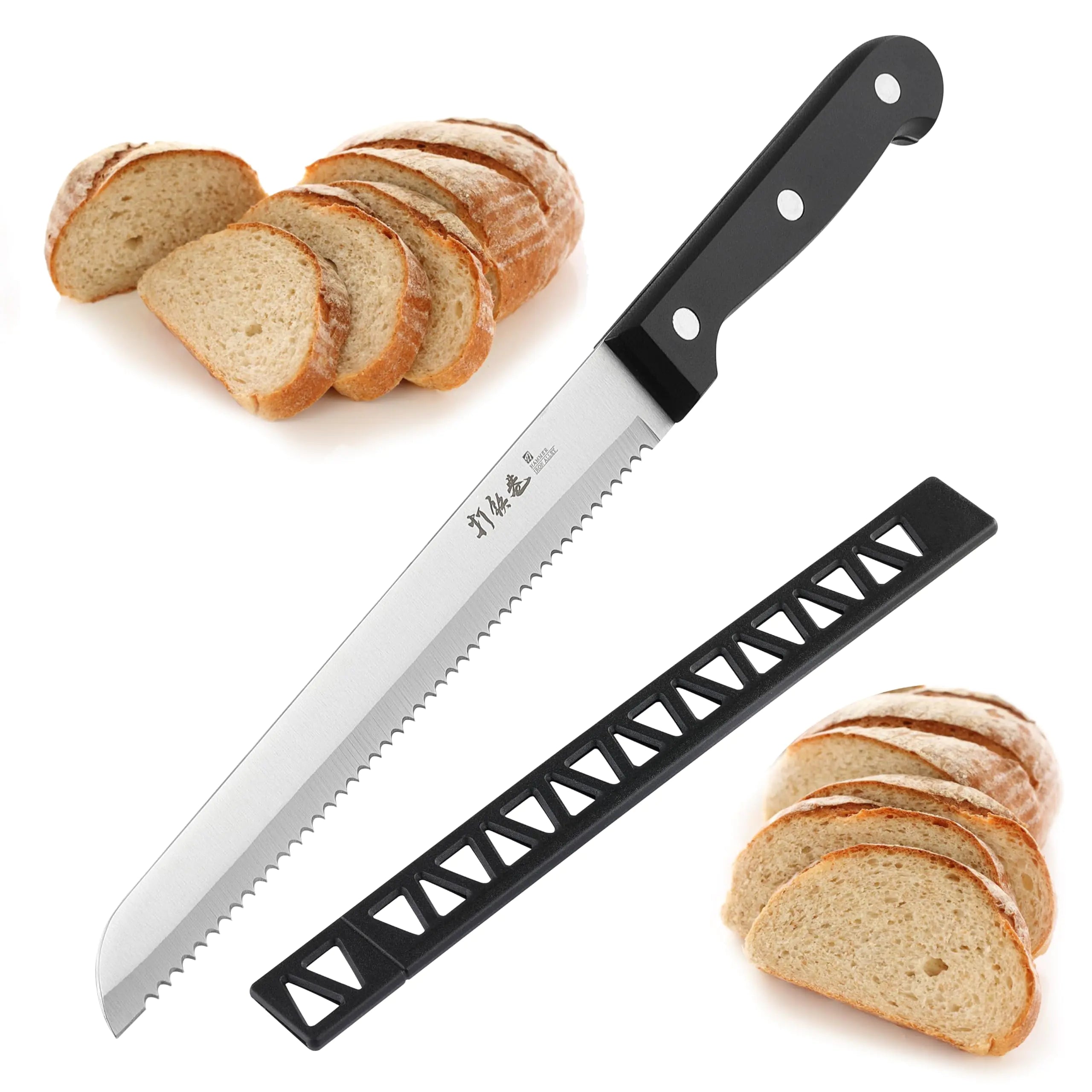 HAMMER IRON ALLEY Bread Knife HIA Stainless Steel 8 inch Serrated Bread Knife Perfect for Homemade Bread Bagels and Cake Knife Cover Included Dishwasher Safe (8 inch Blade with 5 inch Handle)