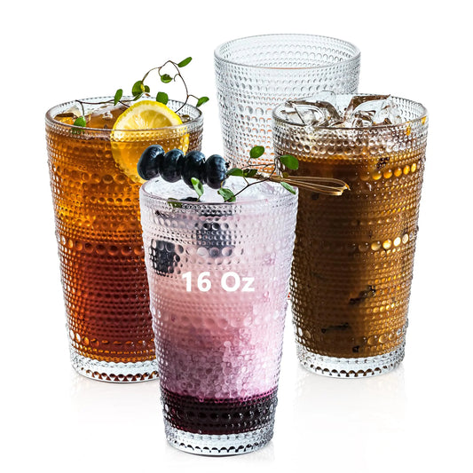 KEMORELA Classic Hobnail Tumblers - 4-Pack with Straws for Cocktails & More