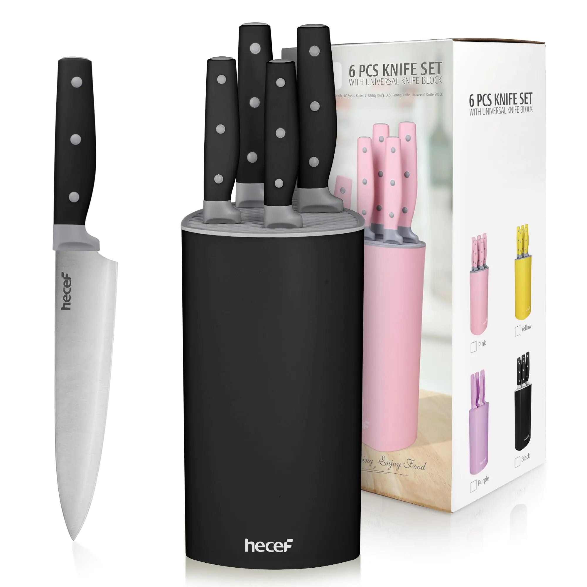 hecef 6-Piece Stainless Steel Knife Set with Block