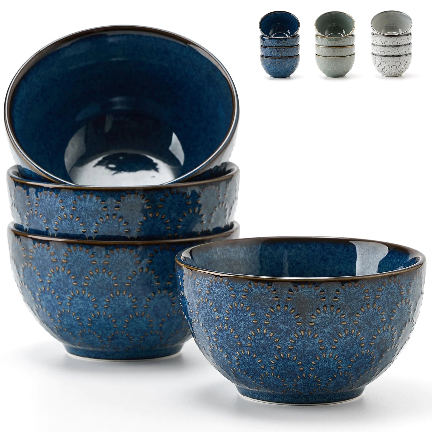 Jemirry 4-Piece Ceramic Bowl Set - 4.5" Embossed Porcelain, Blue