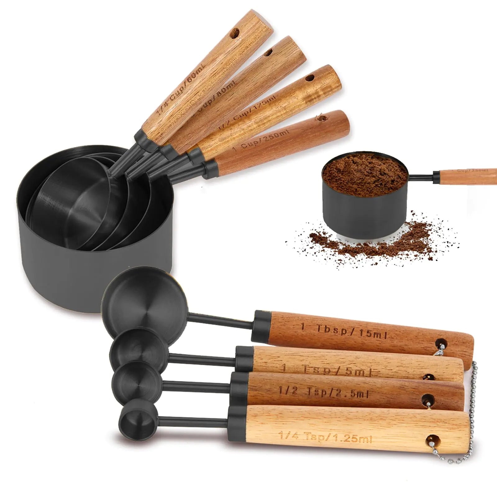 Elegant 8-Piece Kitchen Measuring Set with Wooden Handles