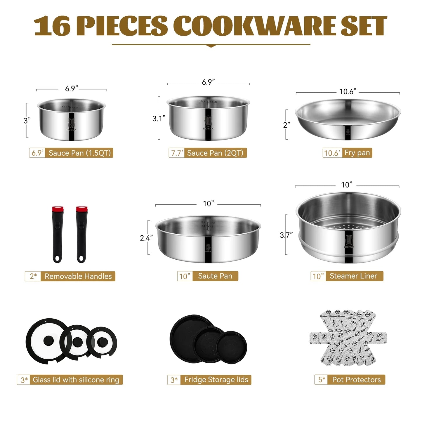 ROYDX 16pc Stackable Cookware Set: Stainless Steel, Detachable, Induction Ready