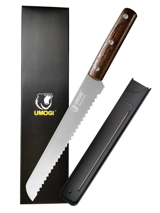 UMOGI 8" Serrated Bread Knife - German Steel with Wood Handle & Sheath